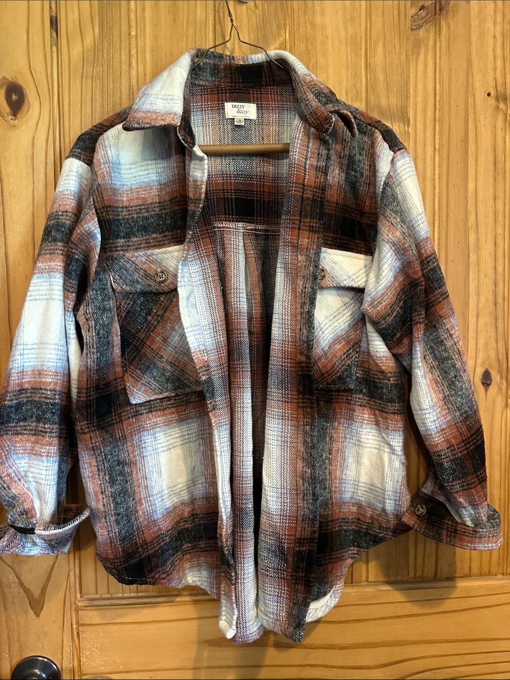 Cozy Plaid Button-Down Shirt Jacket - Rust, Black & White